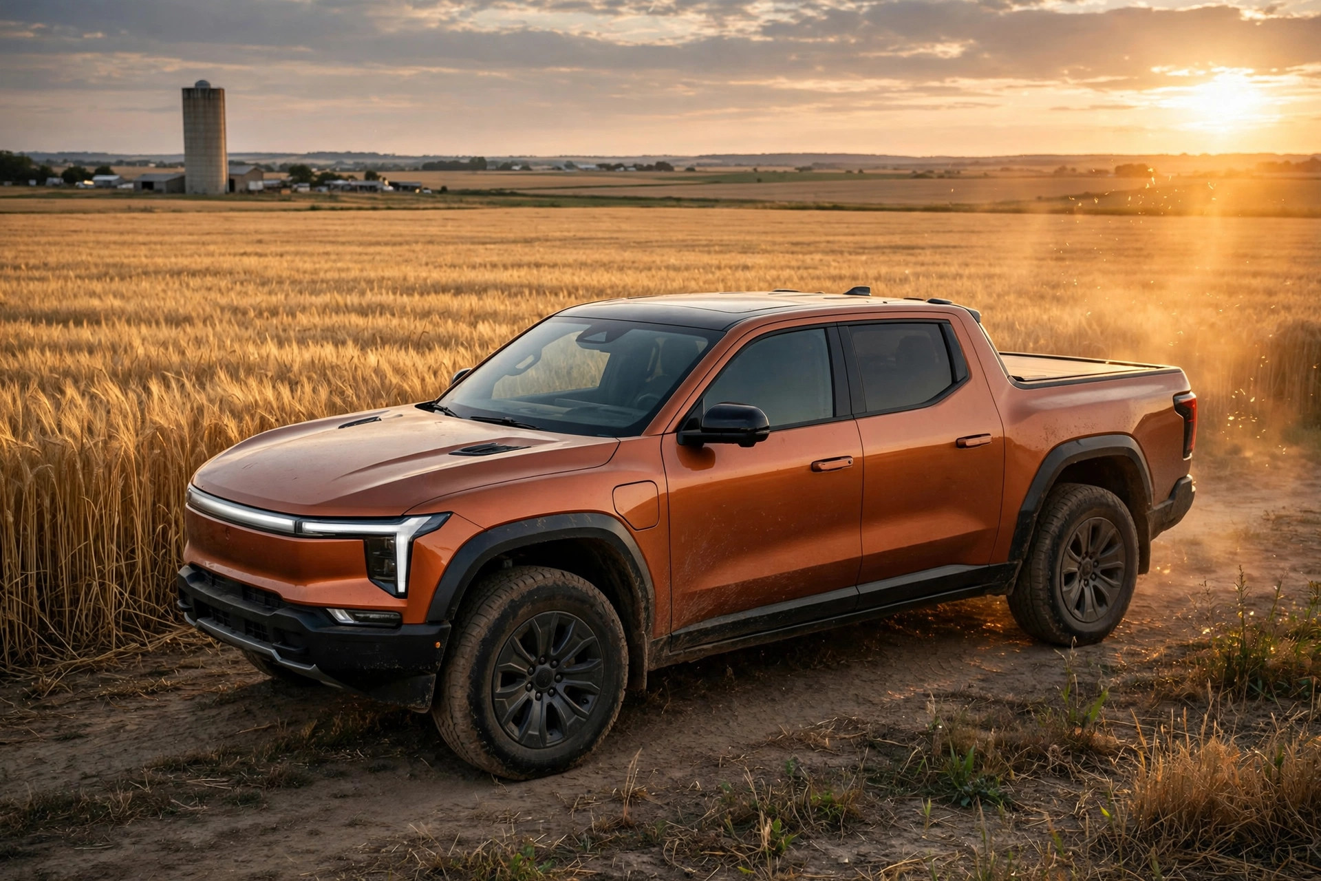 Copper Edison Dray electric pickup beside a field at sunset
