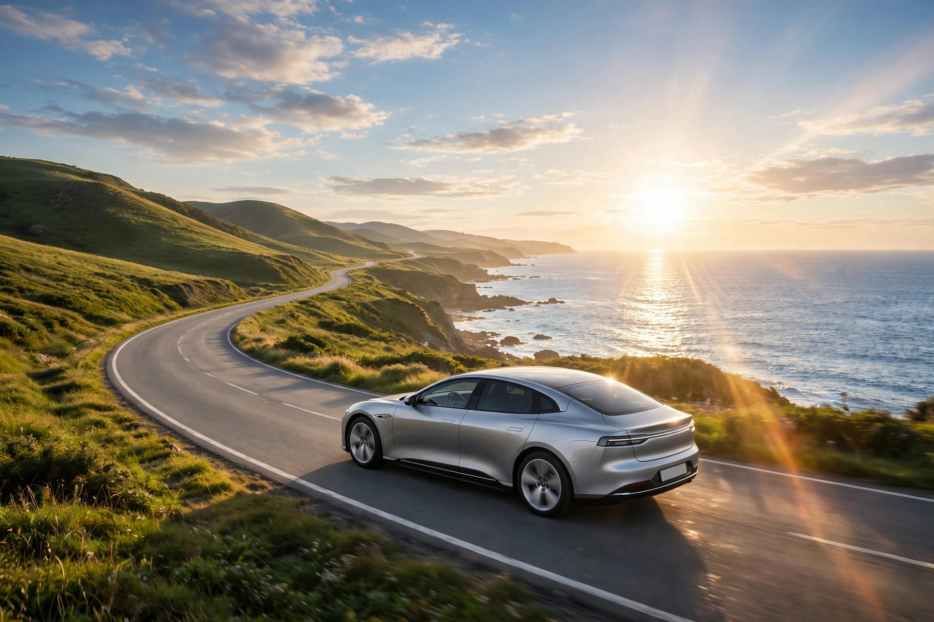 Silver electric grand tourer on a coastal road at sunrise
