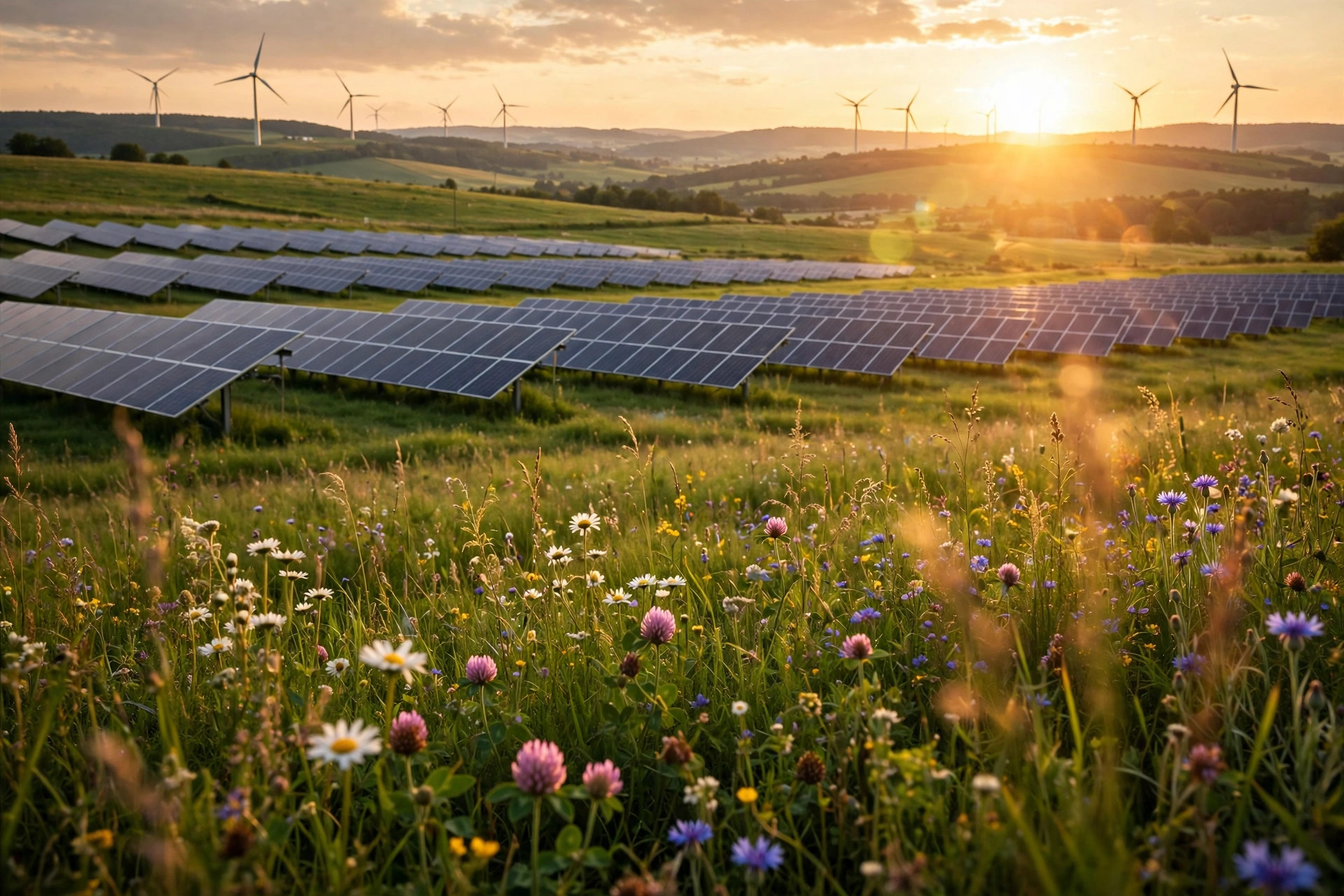 Solar panels in a wildflower meadow with wind turbines beyond